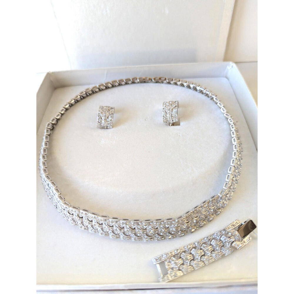 Collar Necklace Set Penina Clear Rhinestone Silver Tone  18" Wedding/Formal
